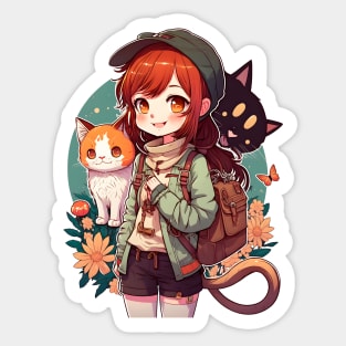 Cute Girl & Cats Kawaii Anime Orange and Black Cat Lovers Sticker